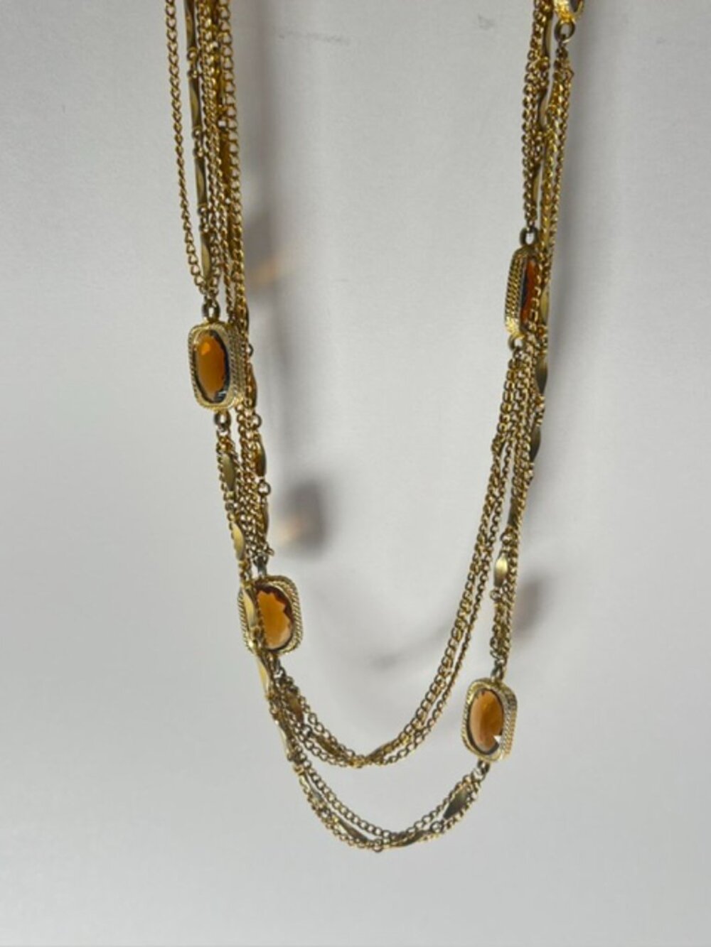 Vintage SARAH COVENTRY 53” Gold-Tone Triple Chain Necklace Amber Glass Stones - Picture 3 of 10